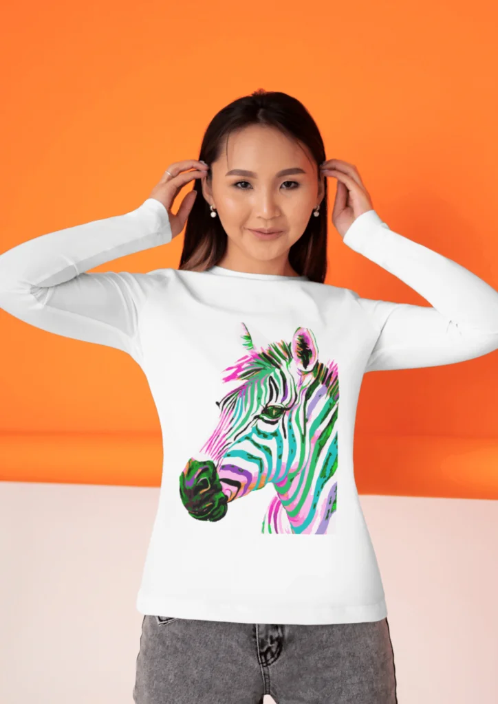 T-shirt polyester blanc avec un motif de zèbre coloré, simulation de sublimation