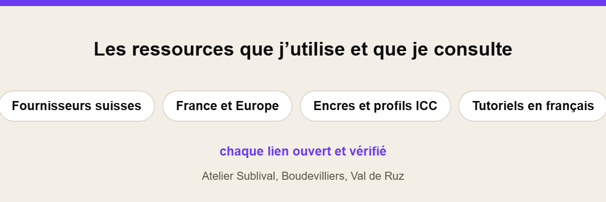 Bandeau de l’annuaire : fournisseurs suisses, France et Europe, encres et profils ICC, tutoriels en français