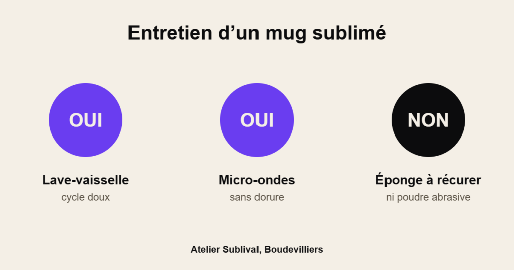 Trois règles d’entretien d’un mug sublimé : lave-vaisselle en cycle doux oui, micro-ondes sans dorure oui, éponge à récurer non