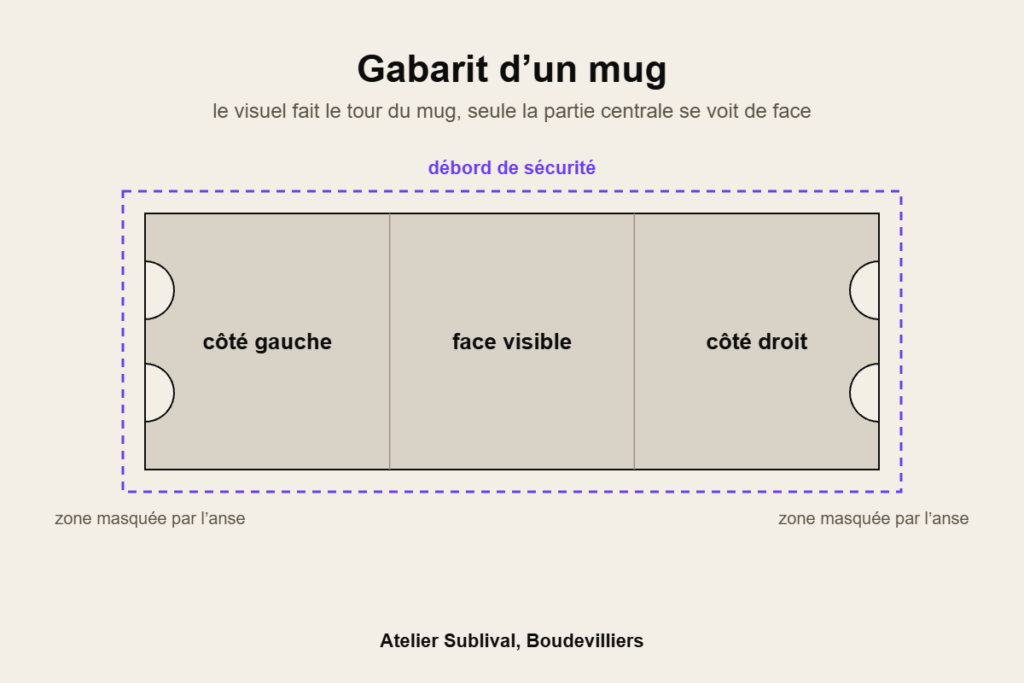 Gabarit d’un mug montrant la face visible, les côtés et le débord de sécurité