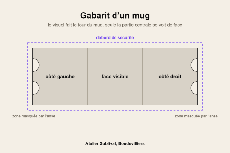 Gabarit d’un mug montrant la face visible, les côtés et le débord de sécurité