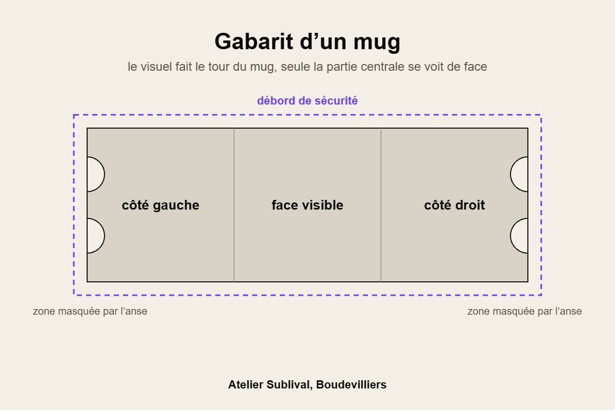 Gabarit d’un mug montrant la face visible, les côtés et le débord de sécurité