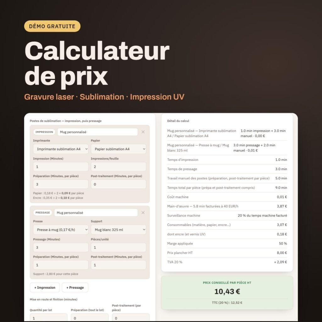 Calculateur de prix : détail du calcul d'un mug sublimé, impression puis pressage